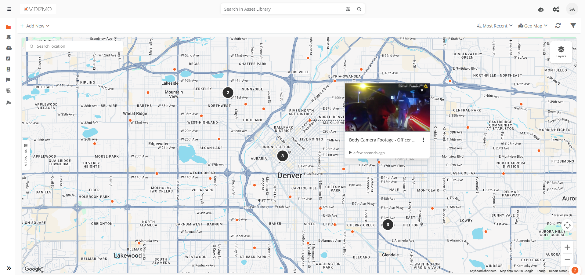 Map with an open overlay card showing evidence thumbnail and tether line